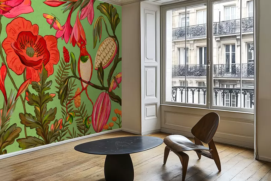 Fototapety Dekoratívne kvety a vtáky na zelenom pozadí w05036v1