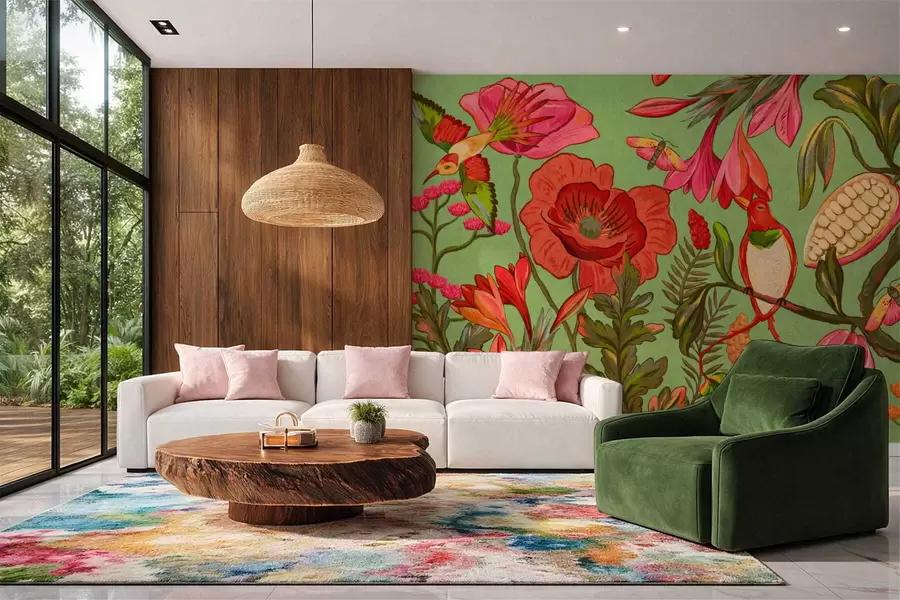 Fototapety Dekoratívne kvety a vtáky na zelenom pozadí w05036v1