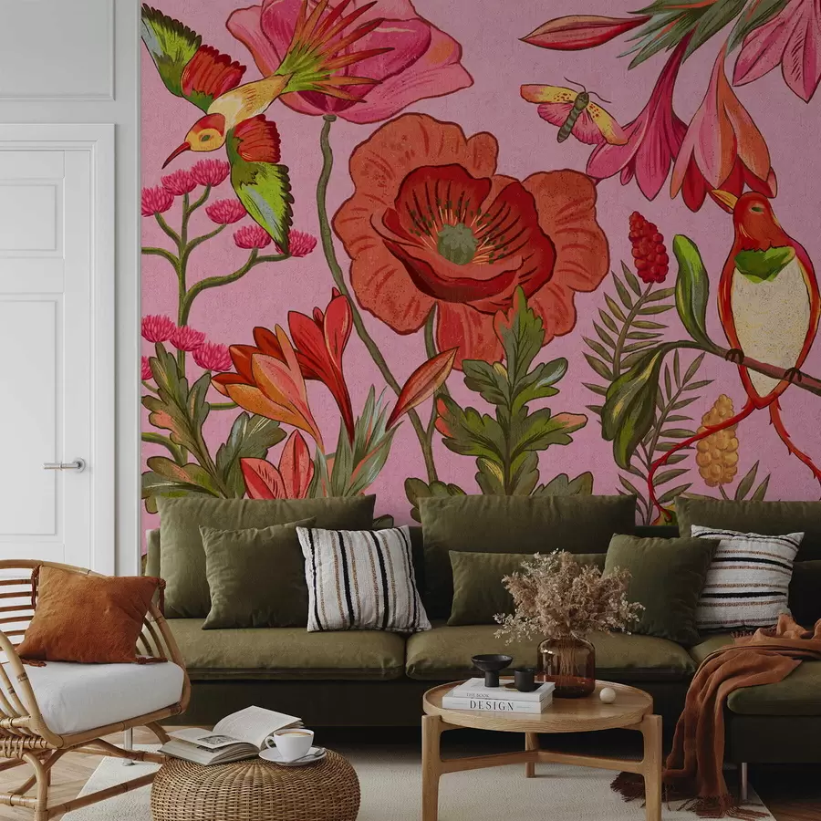 Fototapety Dekoratívne kvety a vtáky na ružovom pozadí w05036v2