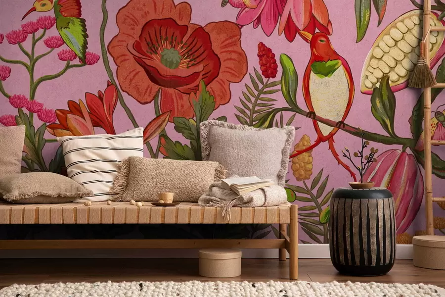 Fototapety Dekoratívne kvety a vtáky na ružovom pozadí w05036v2