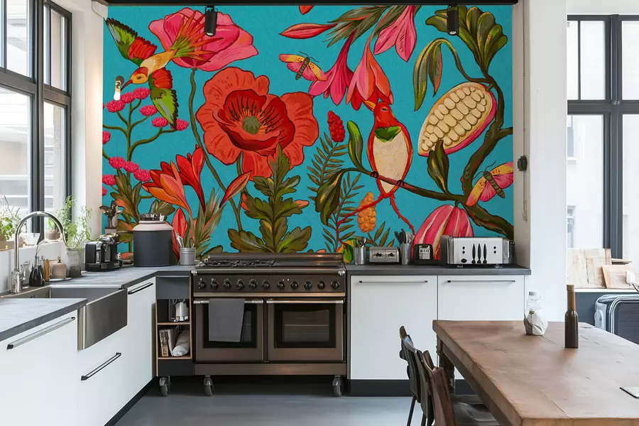 Fototapety Dekoratívne kvety a vtáky na modrom pozadí w05036v3