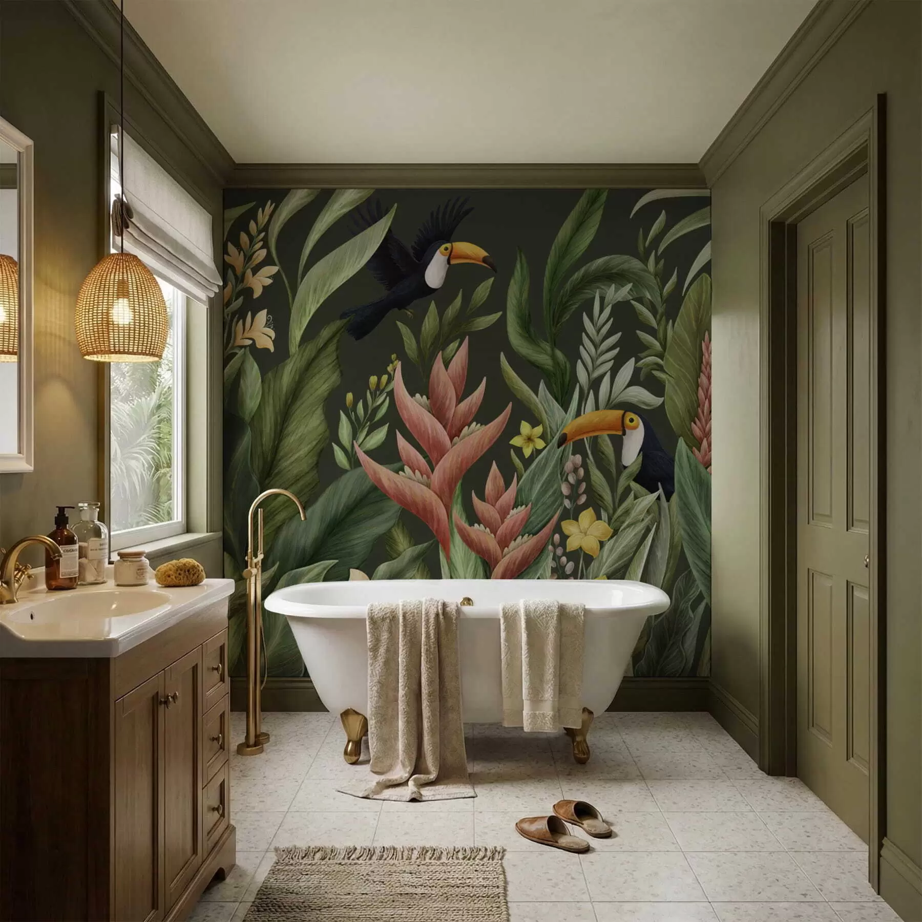 Fototapety Tropické rastliny a vtáky s veľkými zobákmi na svetlom pozadí w05088