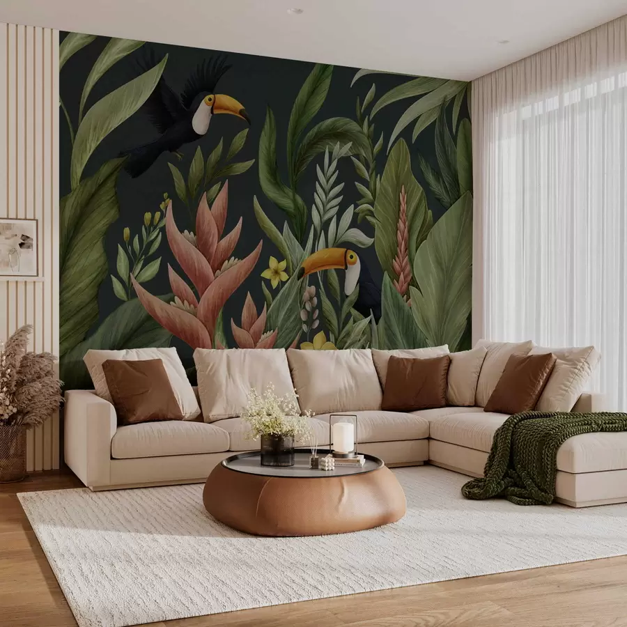 Fototapety Tropické rastliny a vtáky s veľkými zobákmi na tmavom pozadí w05088v2