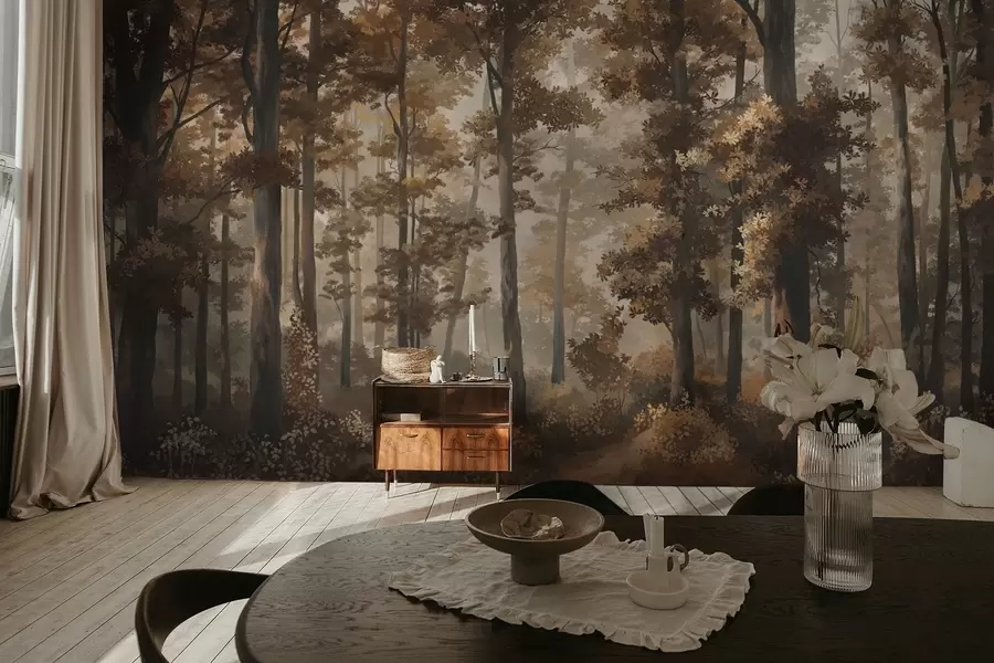 Fototapety Jesenná lesná scéna s teplým svetlom a hustými stromami w05089v1