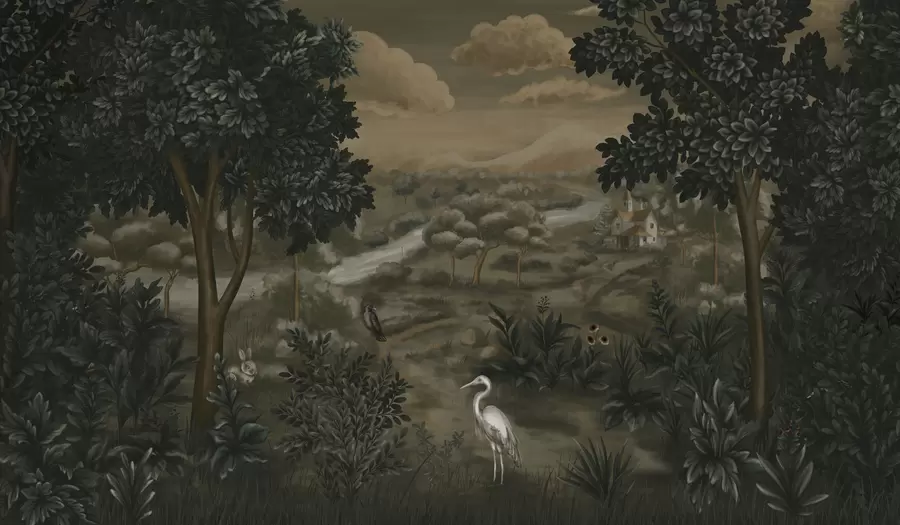 Fototapety Fantazijná krajina s riekou, domom a vtákmi medzi stromami w05090