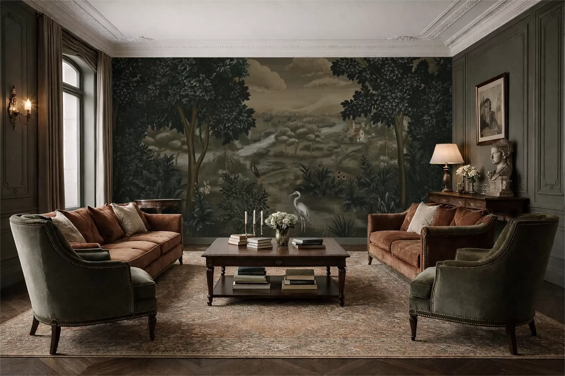 Fototapety Fantazijná krajina s riekou, domom a vtákmi medzi stromami w05090