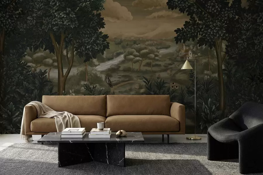 Fototapety Fantazijná krajina s riekou, domom a vtákmi medzi stromami w05090