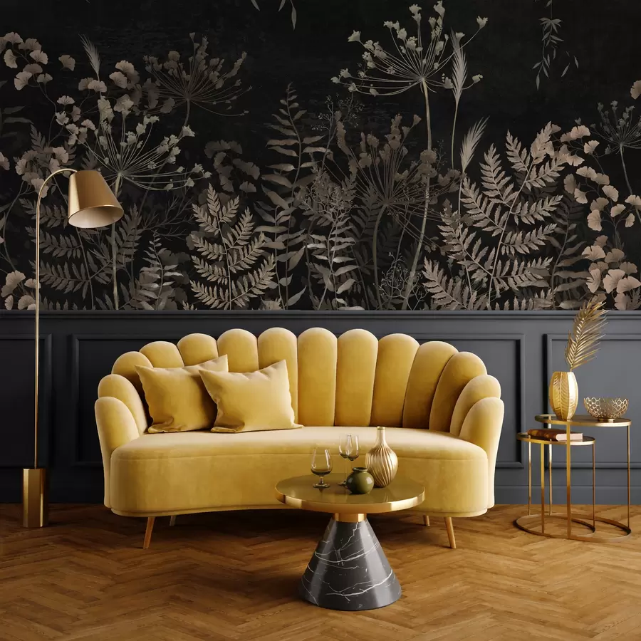 Fototapety Tmavý botanický vzor s kvetmi a listami w05092