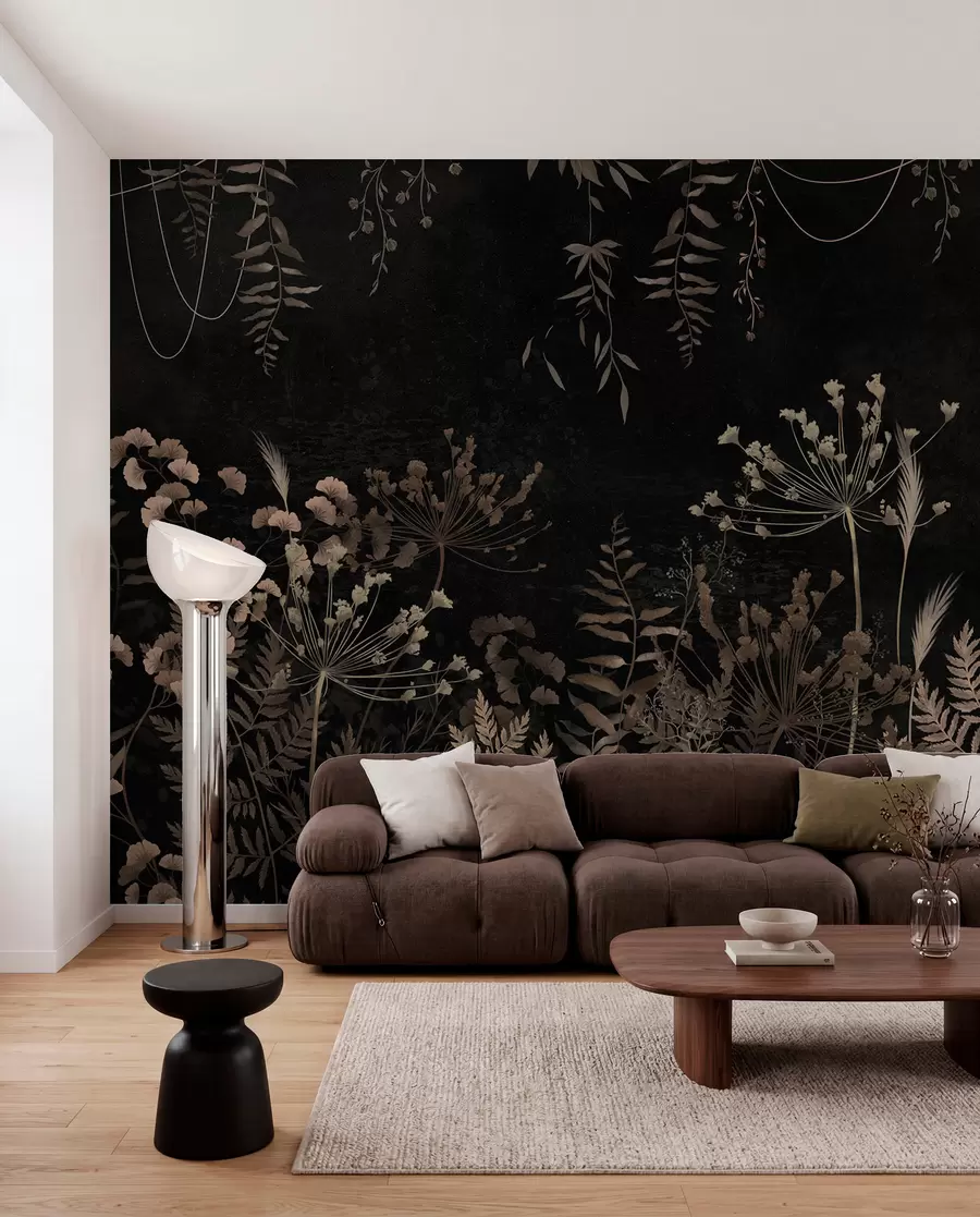 Fototapety Tmavý botanický vzor s kvetmi a listami w05092