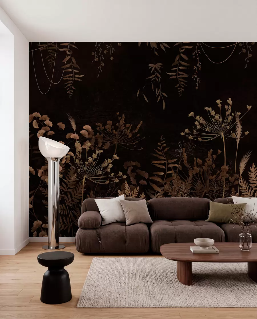 Fototapety Tmavý botanický vzor s kvetmi a trávami w05092v3