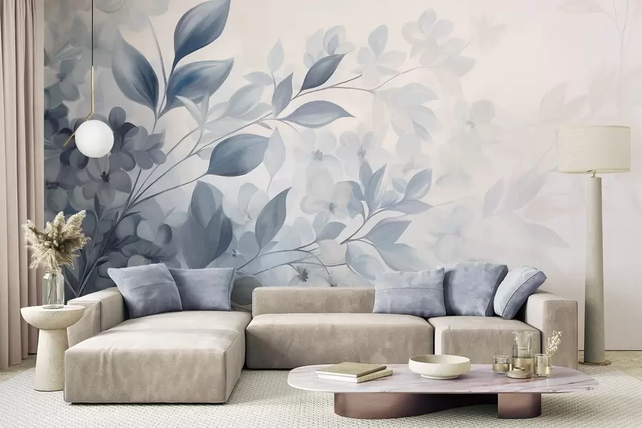 Fototapety Textúrovaná modro-biela vetva s kvetmi a listami, ktoré prechádzajú do svetlého pozadia v štýle akvarelovej maľby. w09543