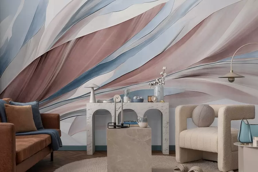 Fototapety Abstraktné vlny modrej a hnedej farby s tenkými tvarmi a líniami na bielom pozadí, textúrované umenie w09585v1