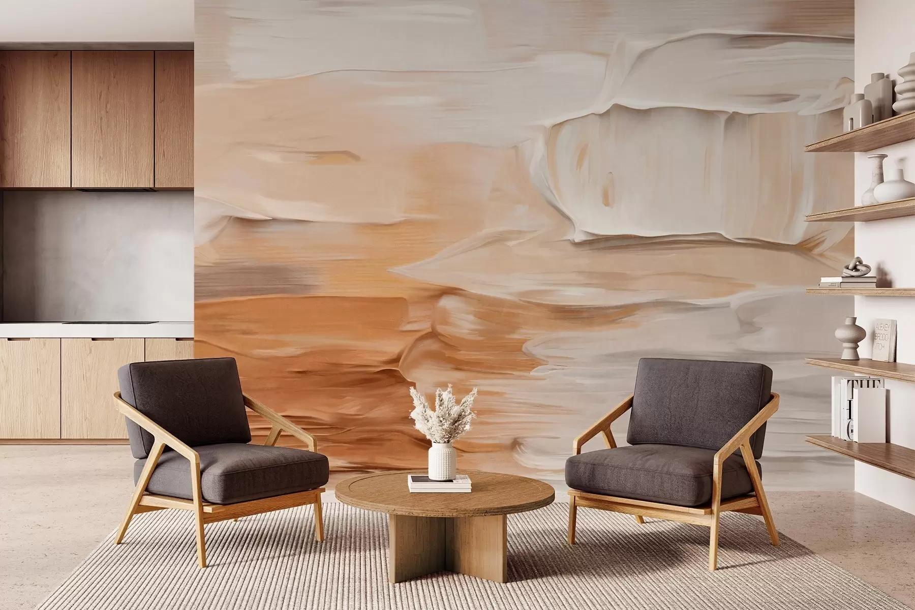 Fototapety Abstraktná imitácia štetcom nanesených ťahov v teplých zemitých odtieňoch béžovej, smotanovej a hnedej, moderné umenie w09588