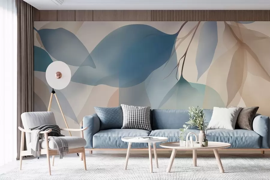 Fototapety elegantné polopriehľadné listy v odtieňoch modrej a béžovej w05060