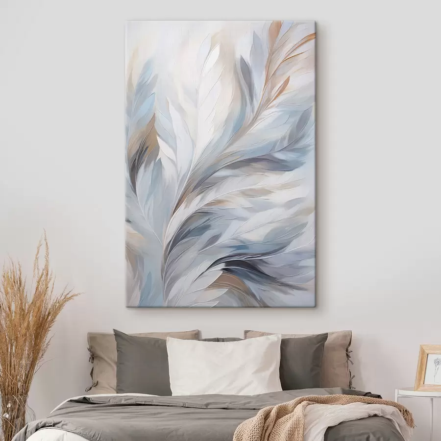 Obraz Jemné svetlo modré a hnedé pierka s jemnou, éterickou štruktúrou na bielom pozadí s47416