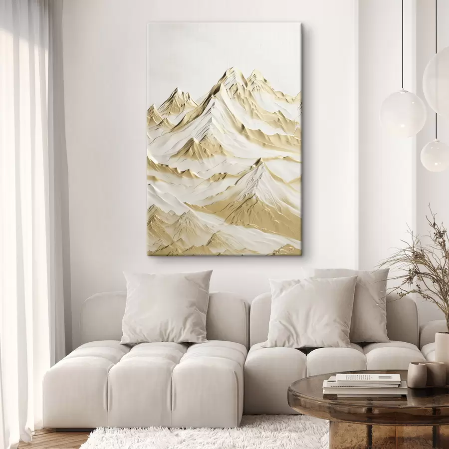 Obraz Krajina so žltými, zasneženými horami s ostrými vrcholmi a hlbokými údoliami pod jasnou oblohou s47420