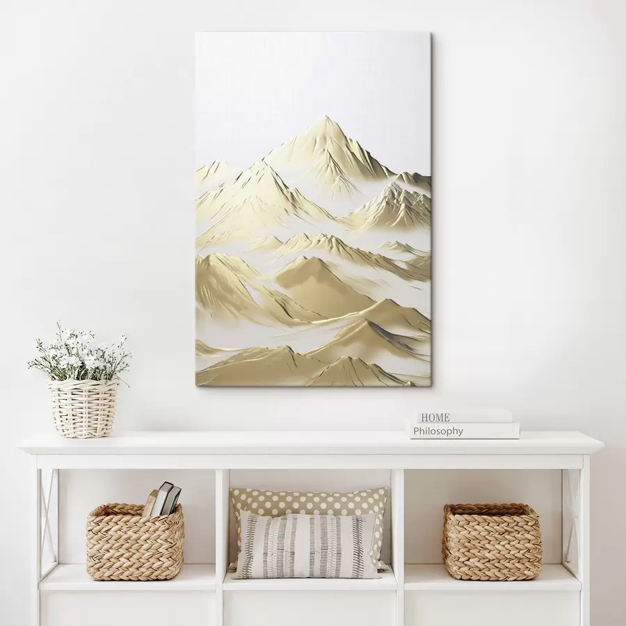 Obraz Krajina so žltými, zasneženými horami s ostrými vrcholmi a hlbokými údoliami pod jasnou oblohou s47421