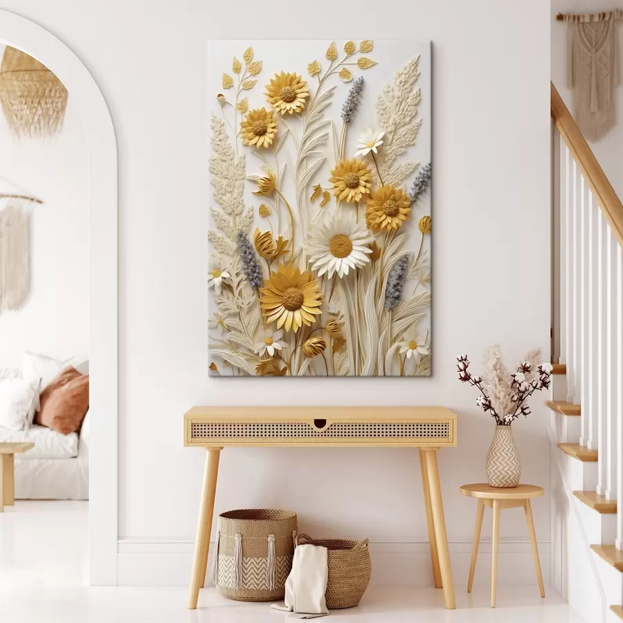 Obraz Textúrovaná kolekcia žltých a bielych sedmokrások so sušenými trávami a vetvičkami levandule na bielom pozadí s47430