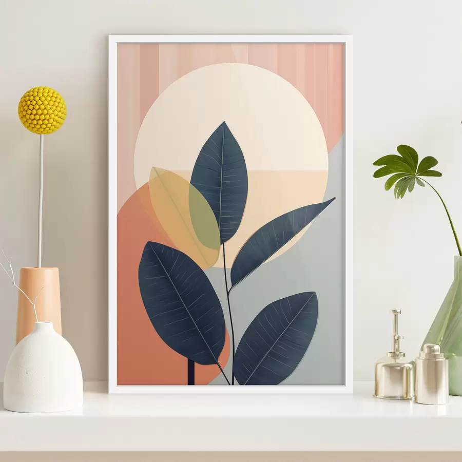 Fototapety Tmavé listy na pozadí abstraktných tvarov v broskyňovej a sivej farbe s veľkým bledožltým kruhom f47424