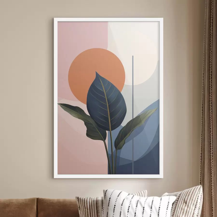 Fototapety Tmavé listy na pozadí abstraktných tvarov v broskyňovej a sivej farbe s oranžovým kruhom f47425