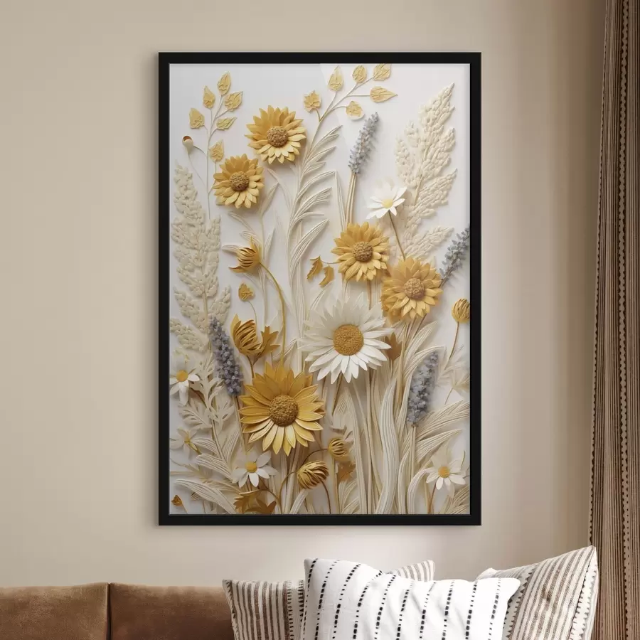 Fototapety Textúrovaná kolekcia žltých a bielych sedmokrások so sušenými trávami a vetvičkami levandule na bielom pozadí f47430