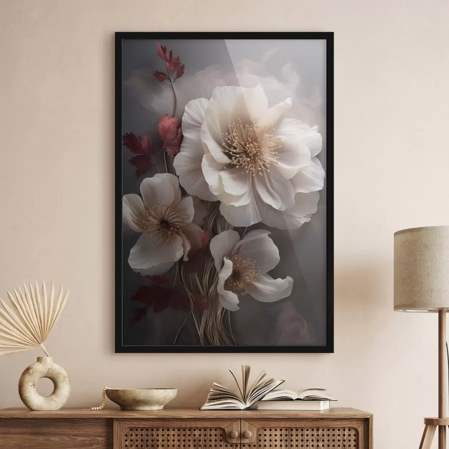 Fototapety Jemné pivonky s tenkými, jemnými okvetnými lístkami, obklopené tmavočervenými listami na abstraktnom pozadí f47434