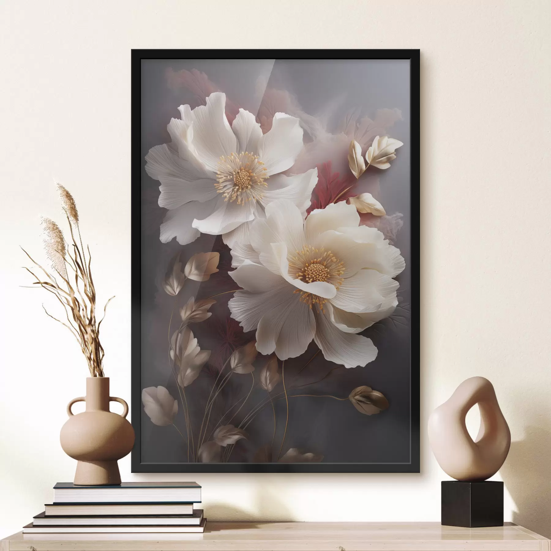 Fototapety Jemné pivonky s tenkými, jemnými okvetnými lístkami, obklopené tmavočervenými a žltými listami na abstraktnom pozadí f47435