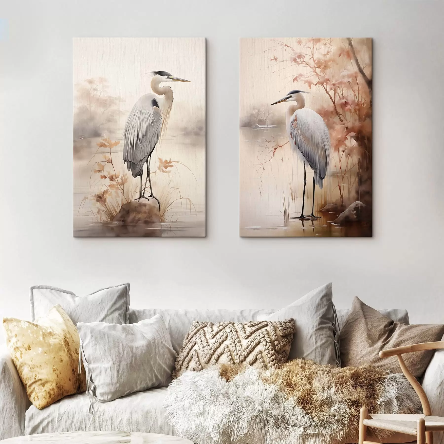 Obraz Volavka stojí na skale v jazere s vysokou trávou a stromami v pozadí. m01239