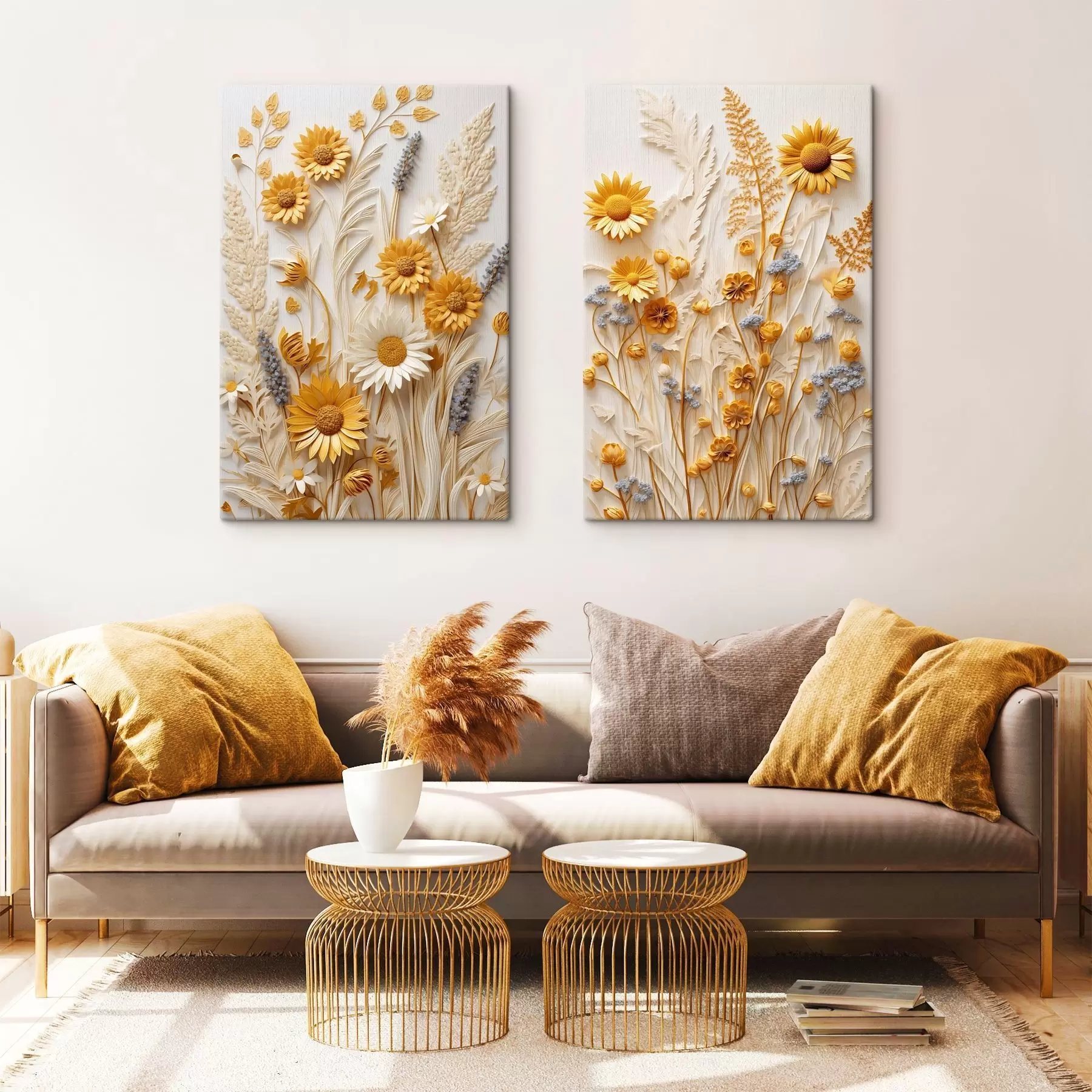 Obraz Textúrovaná kolekcia žltých a bielych sedmokrások so sušenými trávami a vetvičkami levandule na bielom pozadí m01241