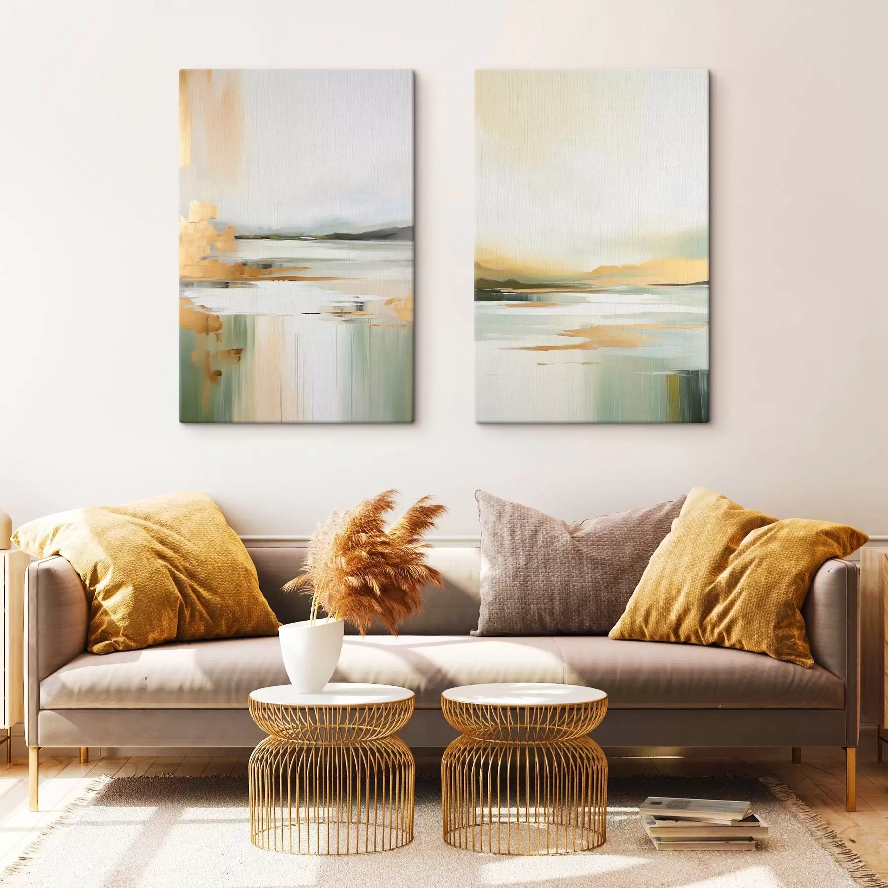 Obraz Abstraktná krajina so žltými a zelenými odtieňmi, voda odrážajúca oblohu a vzdialené hory, bledá, zamračená obloha m01245