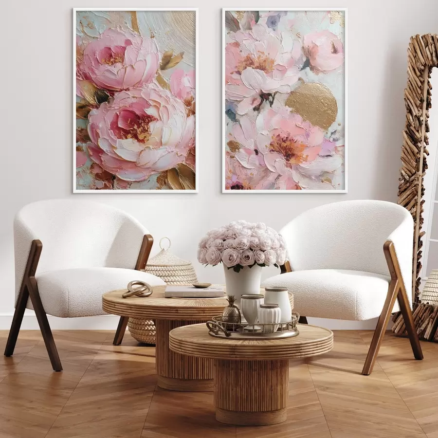 Fototapety Objemová maľba impastom s ružovými pivonkami a textúrovanými detailmi d00573