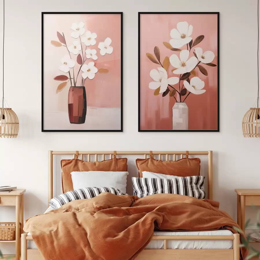 Fototapety Kompozícia s kontrastnými vázami a textúrovanými bielymi kvetmi d00575