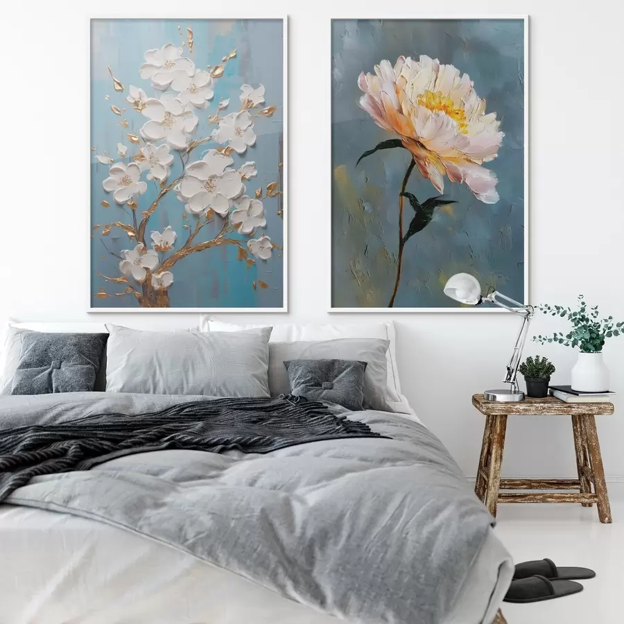 Fototapety Kvitnúca vetva a pivonka: reliéfna kompozícia d00637