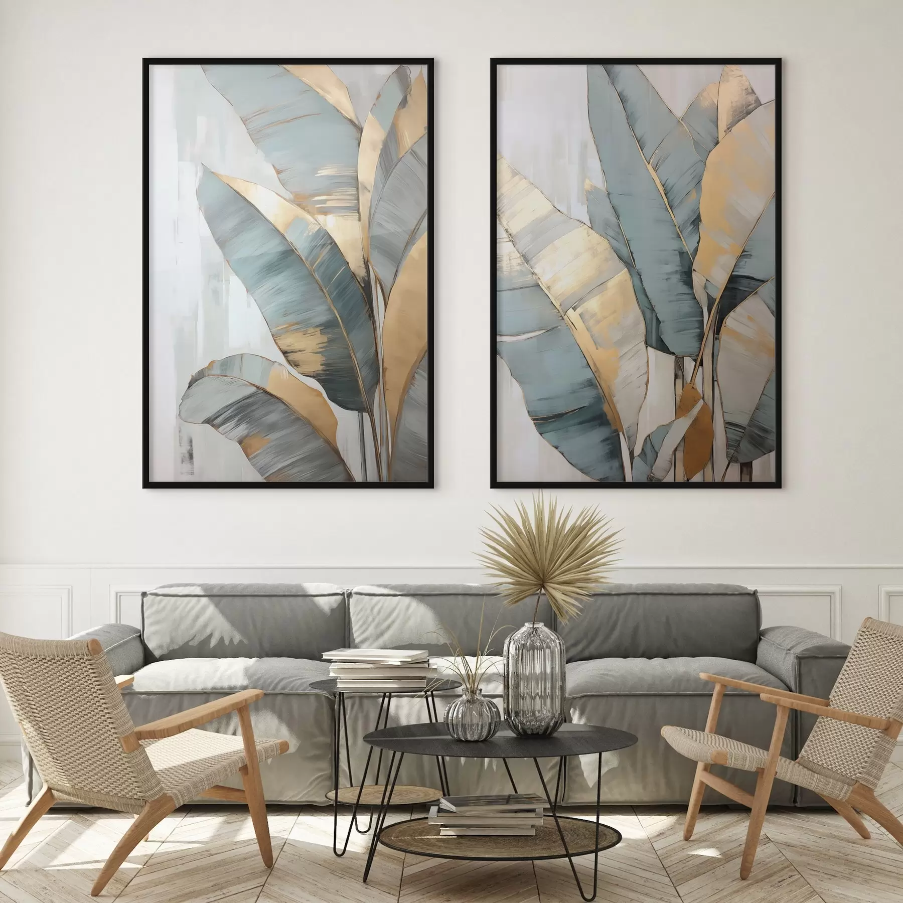 Fototapety Súbor tlmených modrých, sivých a žltých banánových listov s viditeľnými ťahmi štetca na bielom abstraktnom pozadí d00645