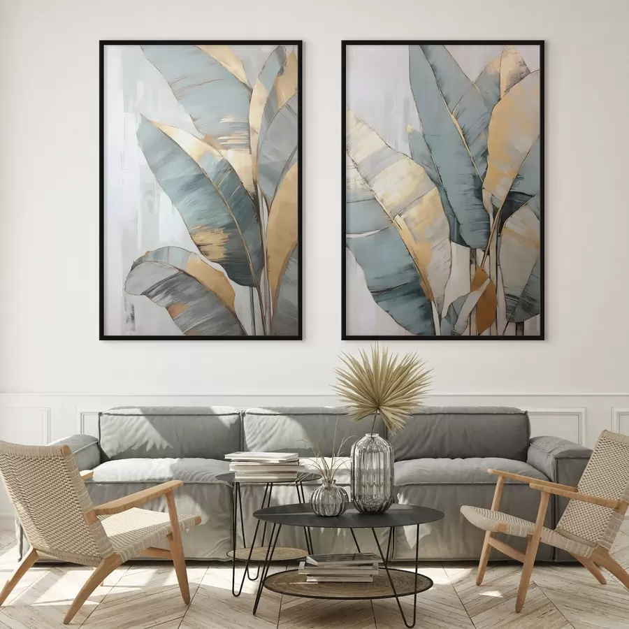 Fototapety Súbor tlmených modrých, sivých a žltých banánových listov s viditeľnými ťahmi štetca na bielom abstraktnom pozadí d00645