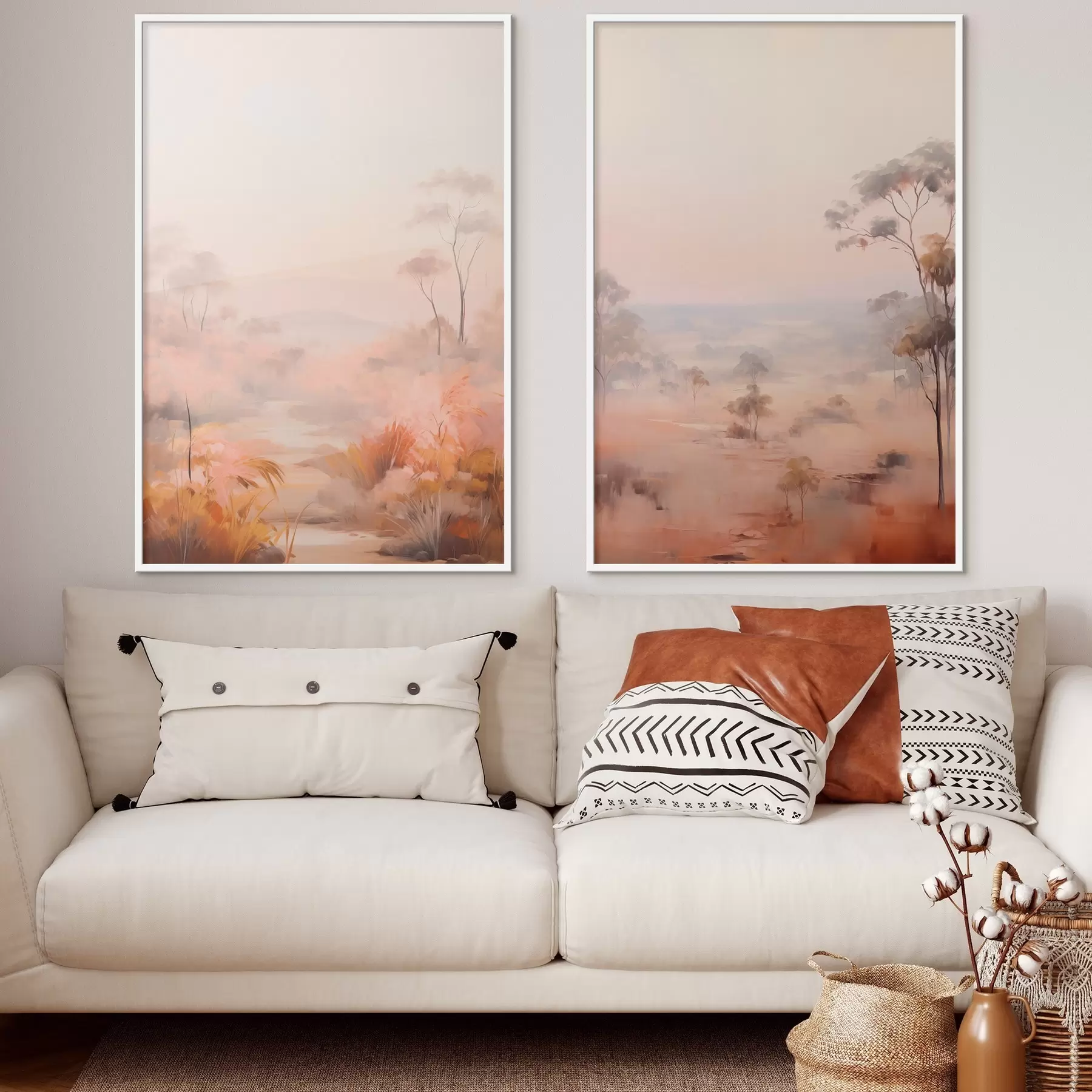 Fototapety Krajina s kríkmi a stromami v ružových, oranžových a hnedých odtieňoch s horami v pozadí d00646