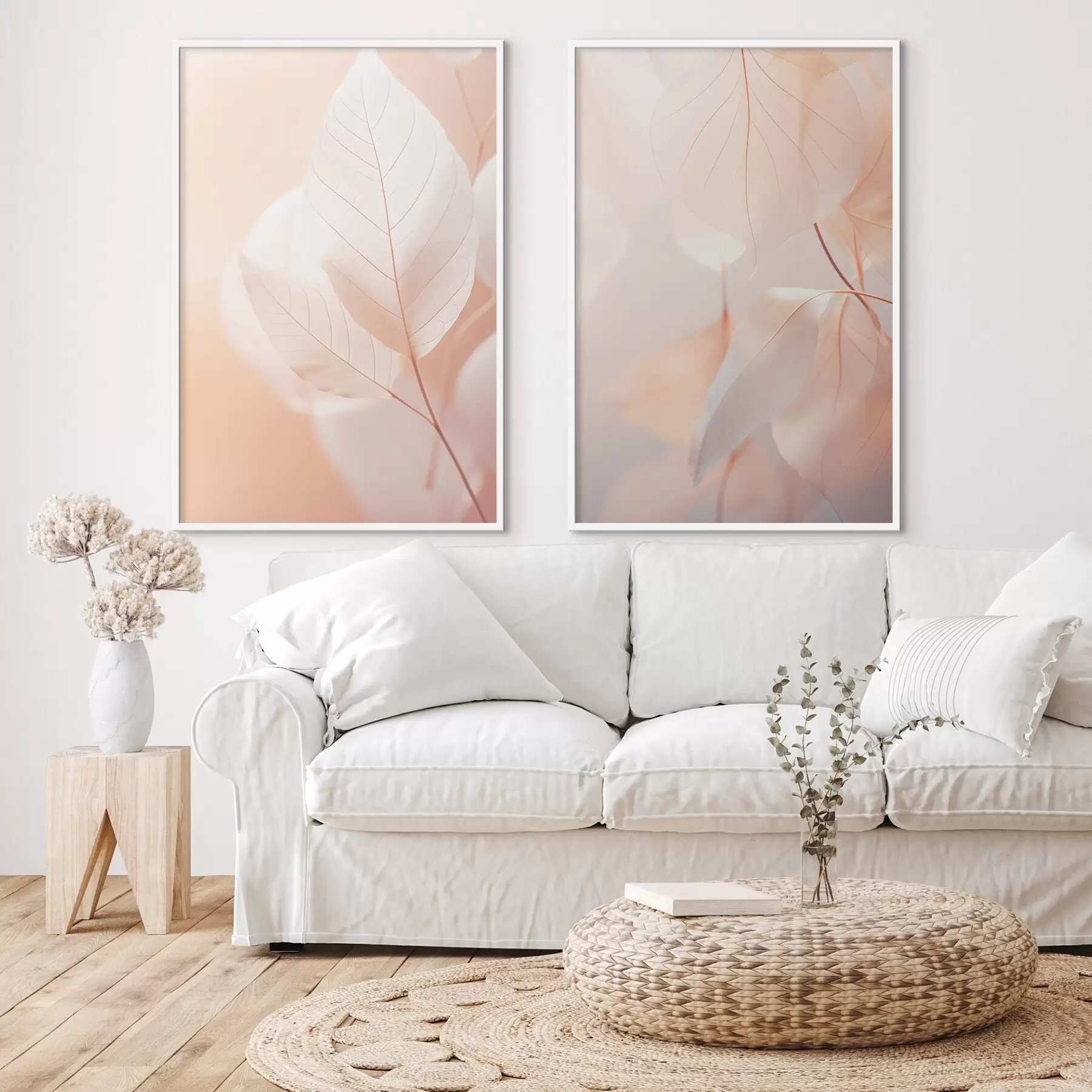 Fototapety Detailný záber na priesvitné listy s jemnými žilkami, jemná broskyňová a biela paleta farieb, rozmazané pozadie d00647