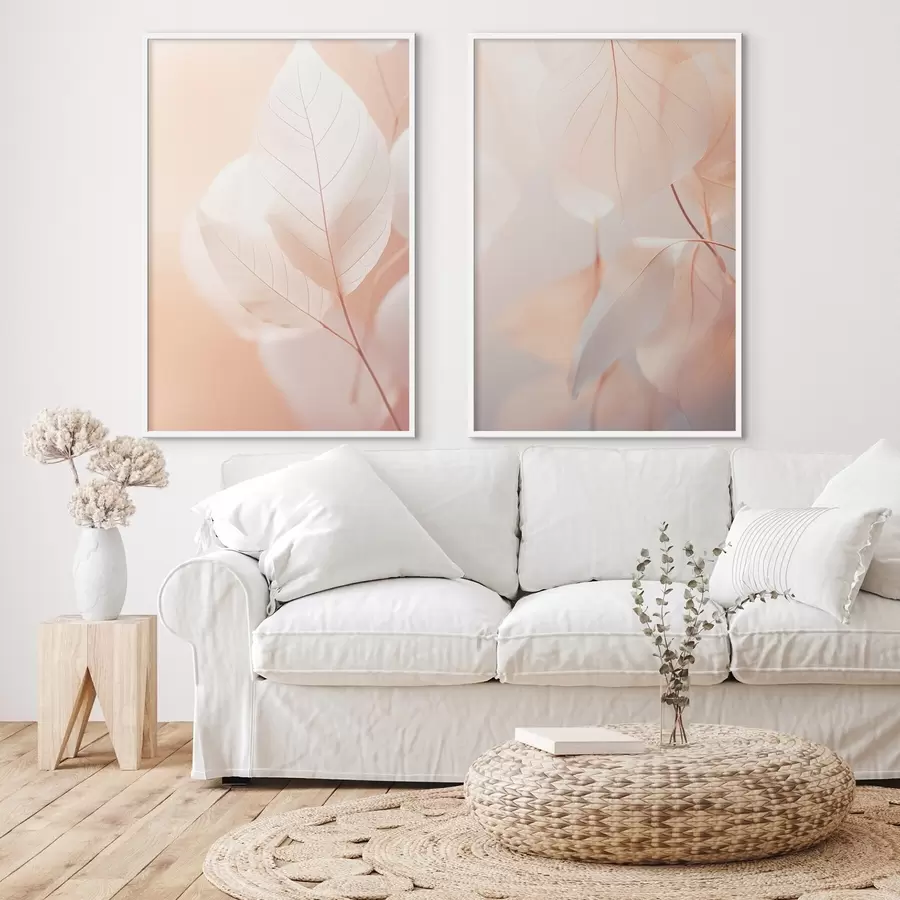 Fototapety Detailný záber na priesvitné listy s jemnými žilkami, jemná broskyňová a biela paleta farieb, rozmazané pozadie d00647