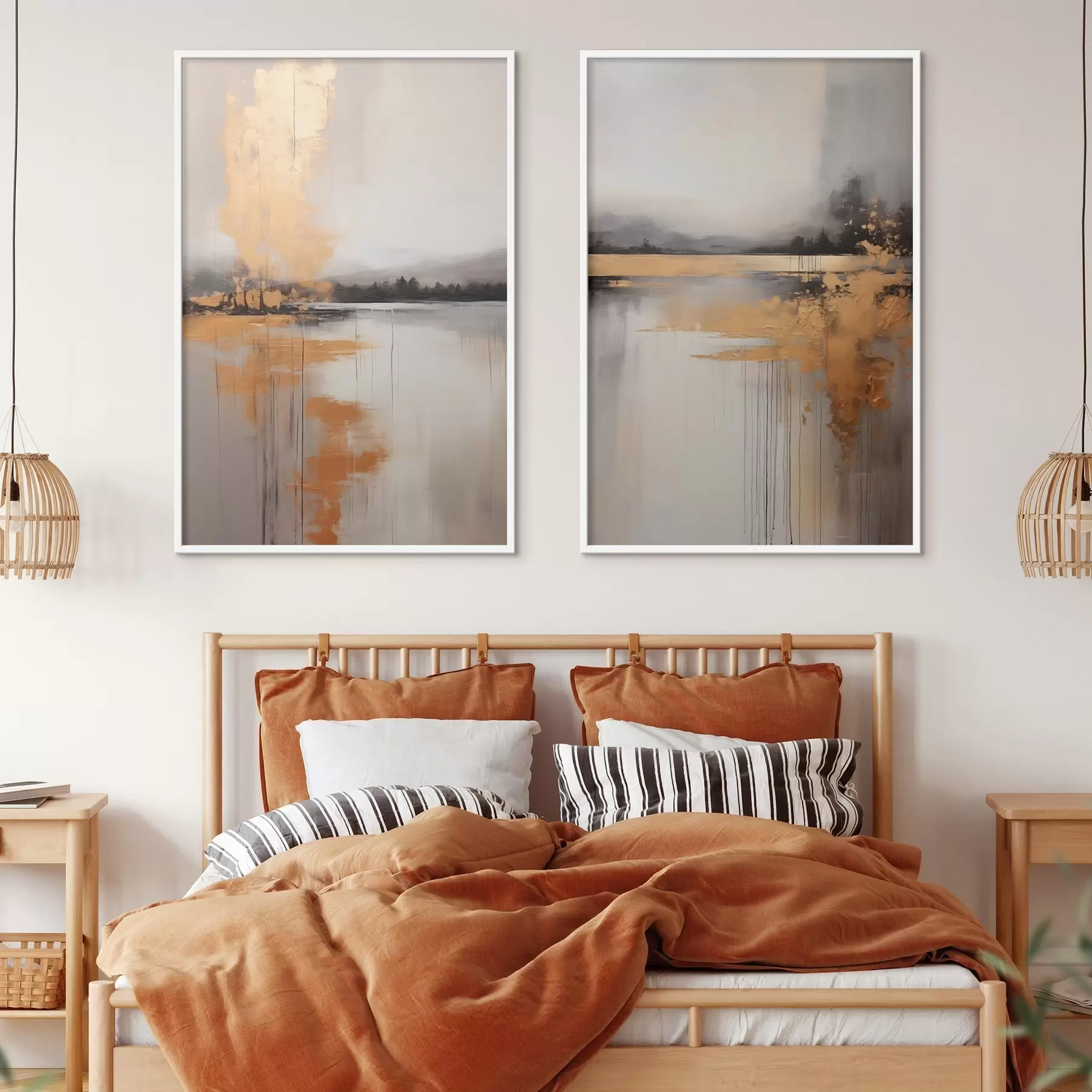 Fototapety Abstraktná krajina s jazerom, stromom a žltou hmlou , voda sa odráža a zamračená obloha d00657