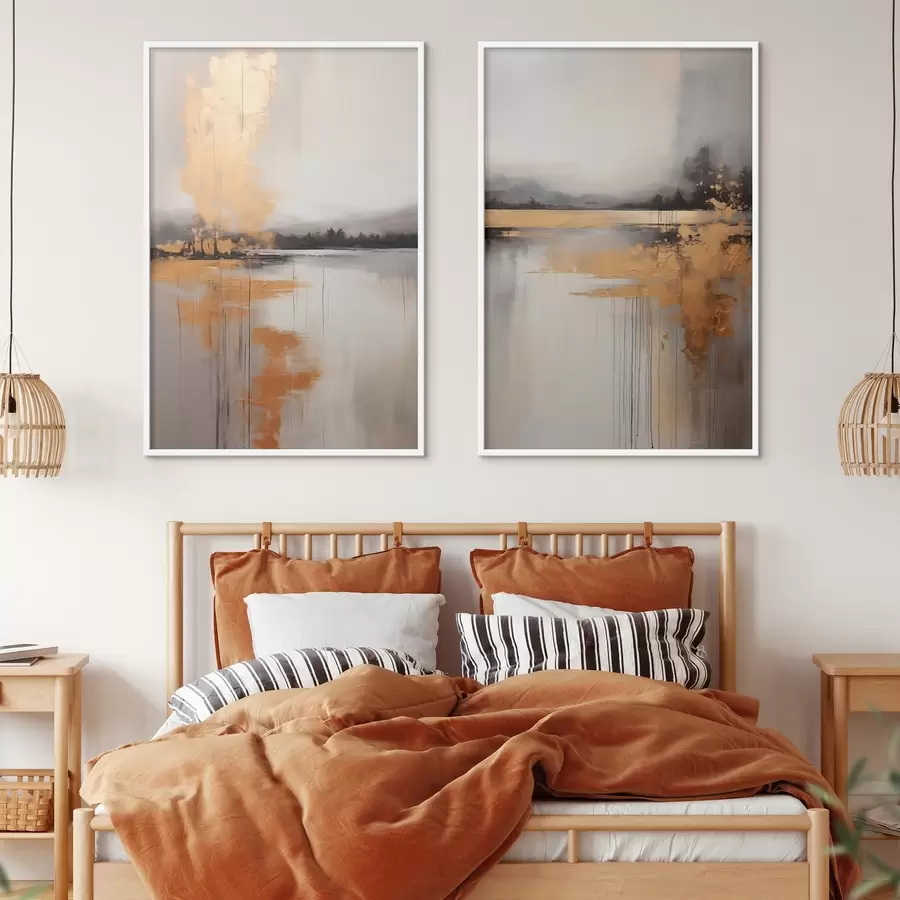 Fototapety Abstraktná krajina s jazerom, stromom a žltou hmlou , voda sa odráža a zamračená obloha d00657