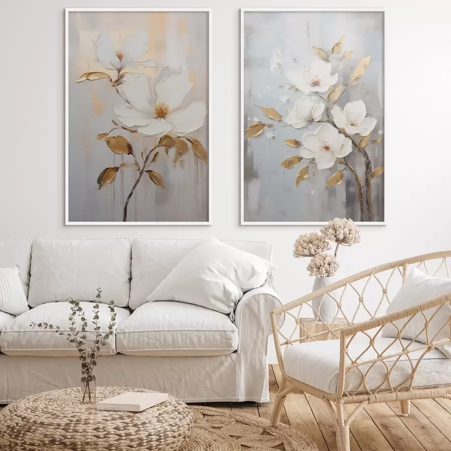 Fototapety Dva biele kvety so žltooranžovými listami na svetlom pozadí d00687