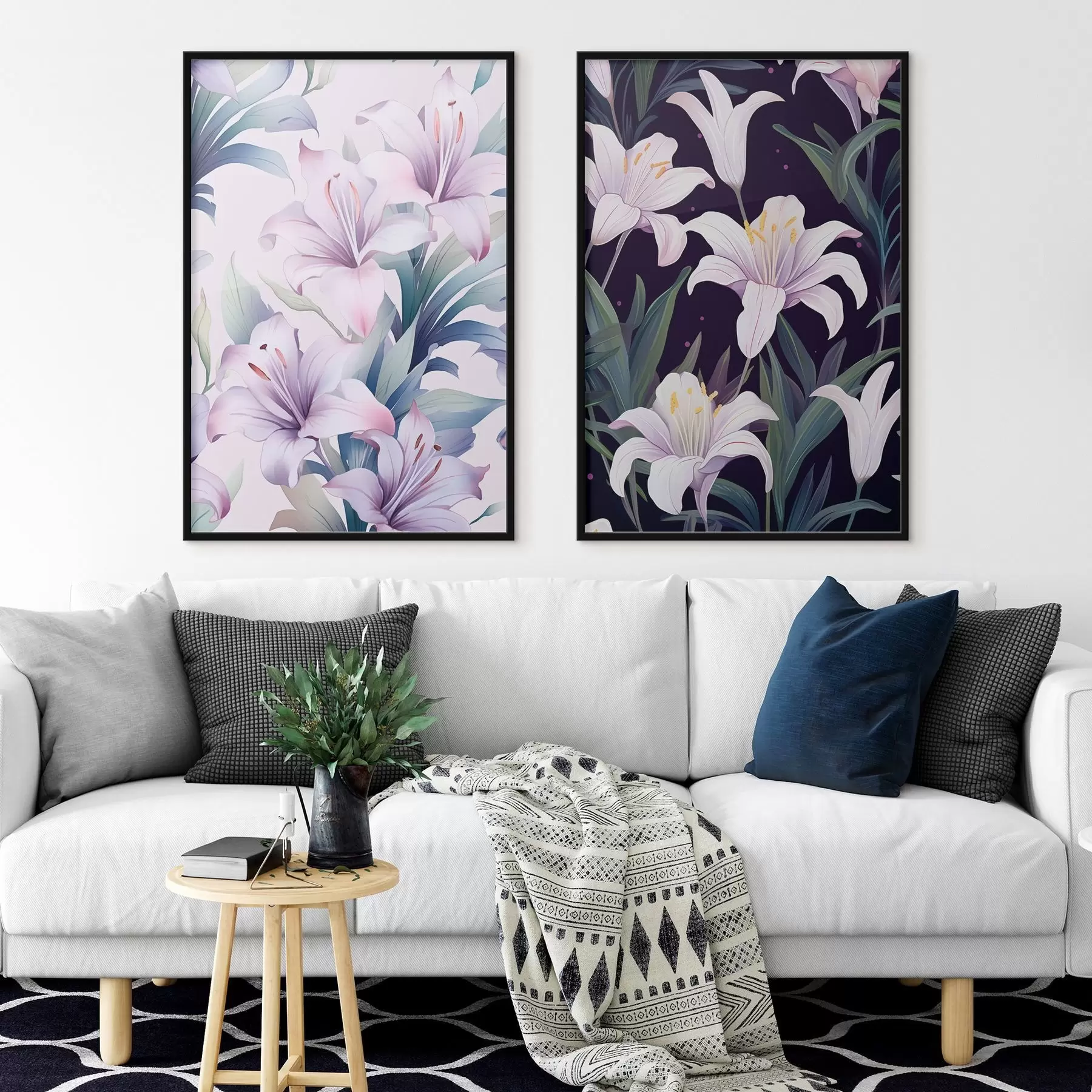 Fototapety Jemné ružové ľalie so zelenými listami na svetlom a tmavom pozadí d00689