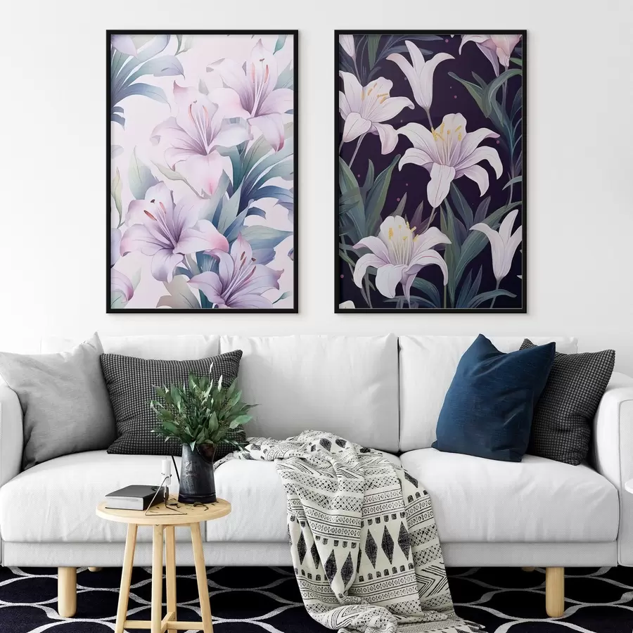 Fototapety Jemné ružové ľalie so zelenými listami na svetlom a tmavom pozadí d00689