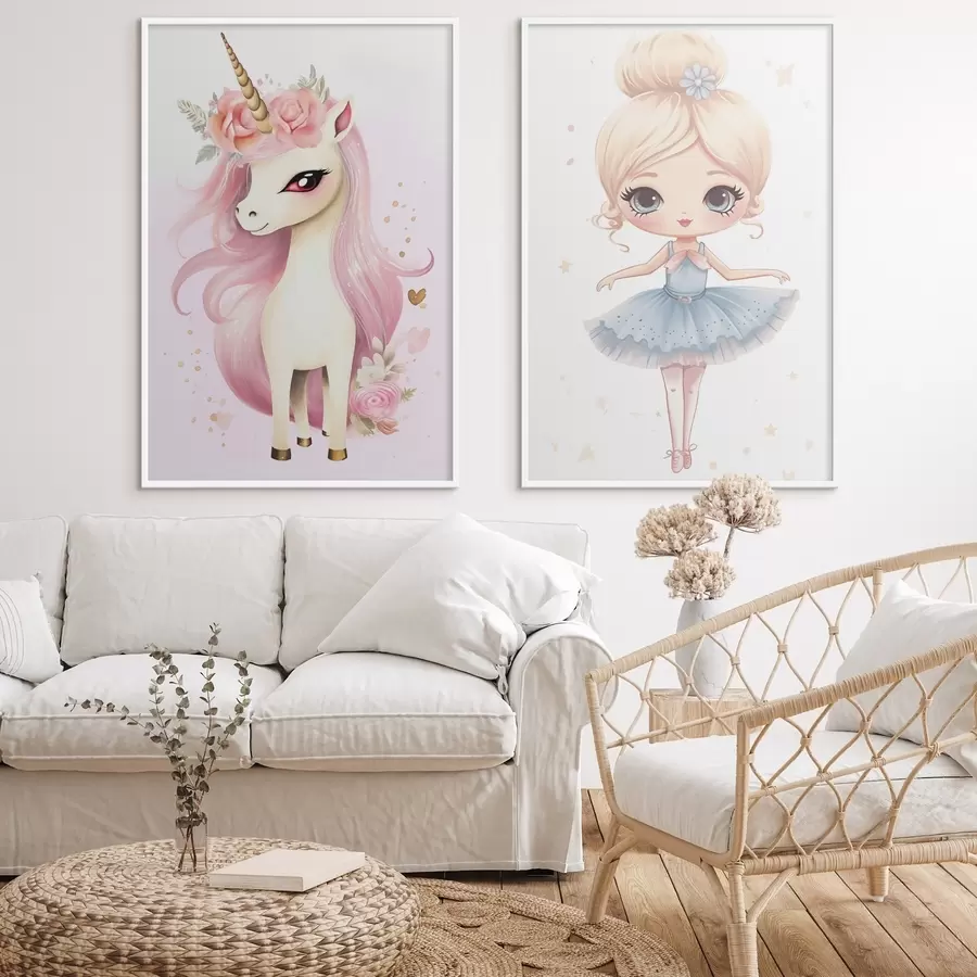 Fototapety Bábika baletka v modrých šatách a jednorožec s ružovou hrivou d00692