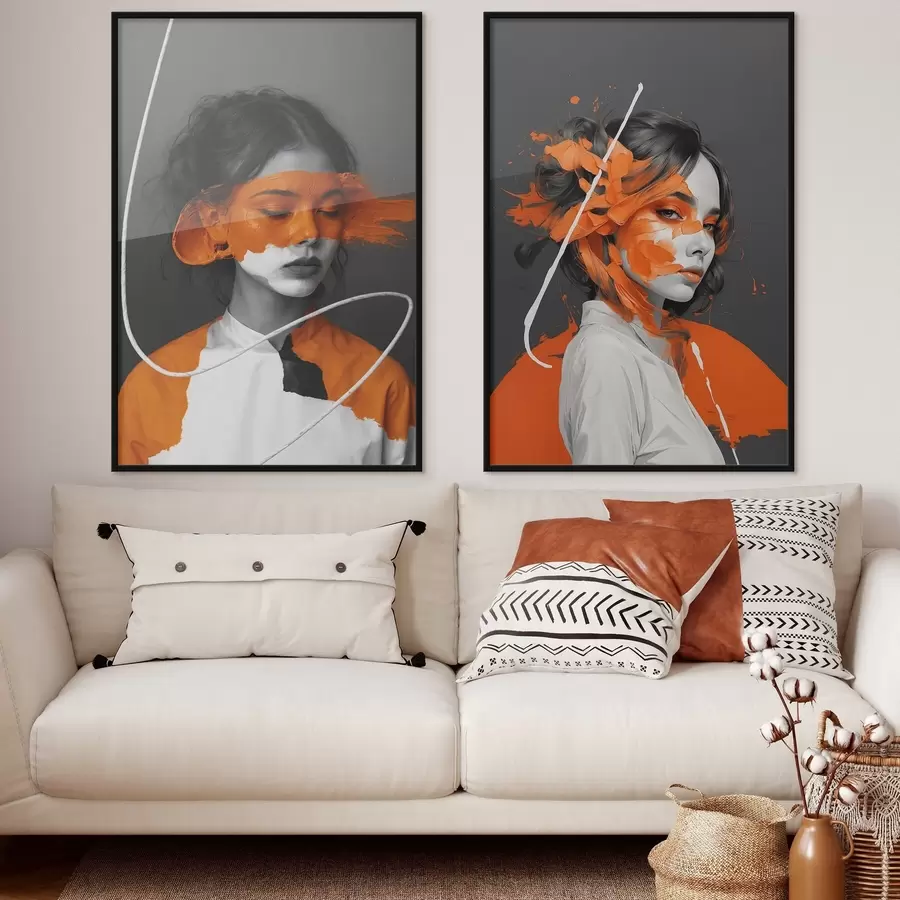 Fototapety Portréty dievčat s abstraktnými oranžovými ťahmi štetca d00693