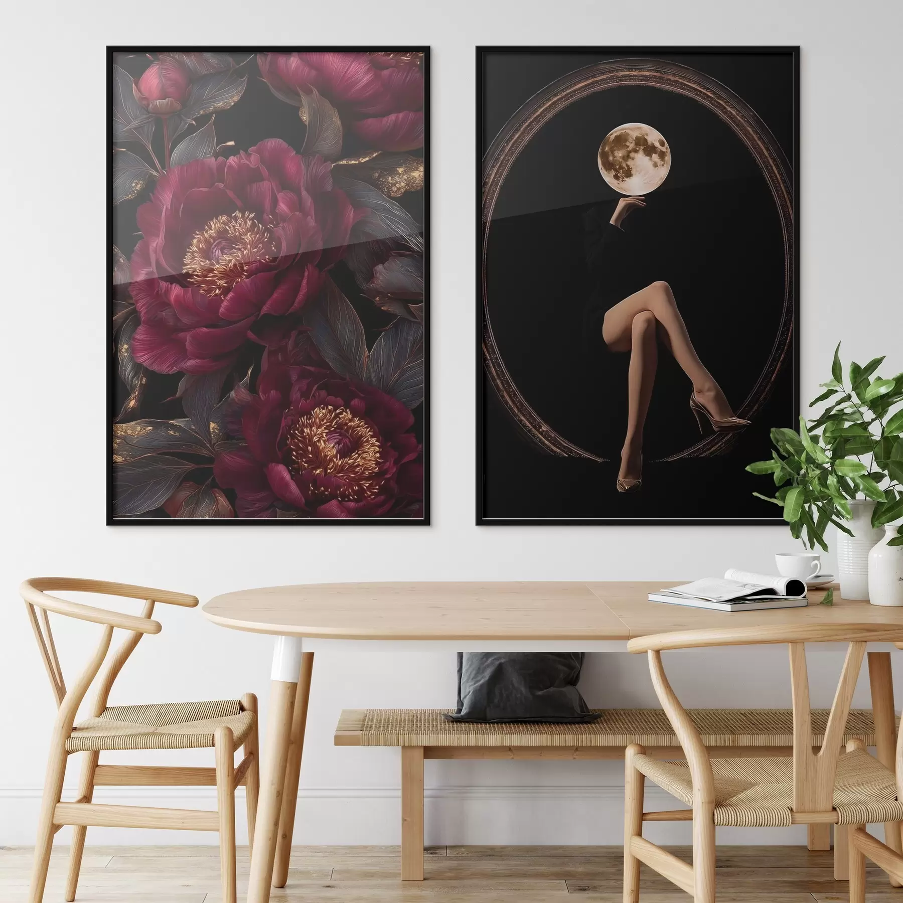 Fototapety Burgundské pivonky a silueta s hlavou v tvare mesiaca na čiernom pozadí d00765