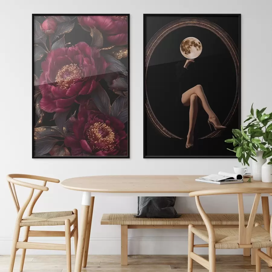 Fototapety Burgundské pivonky a silueta s hlavou v tvare mesiaca na čiernom pozadí d00765