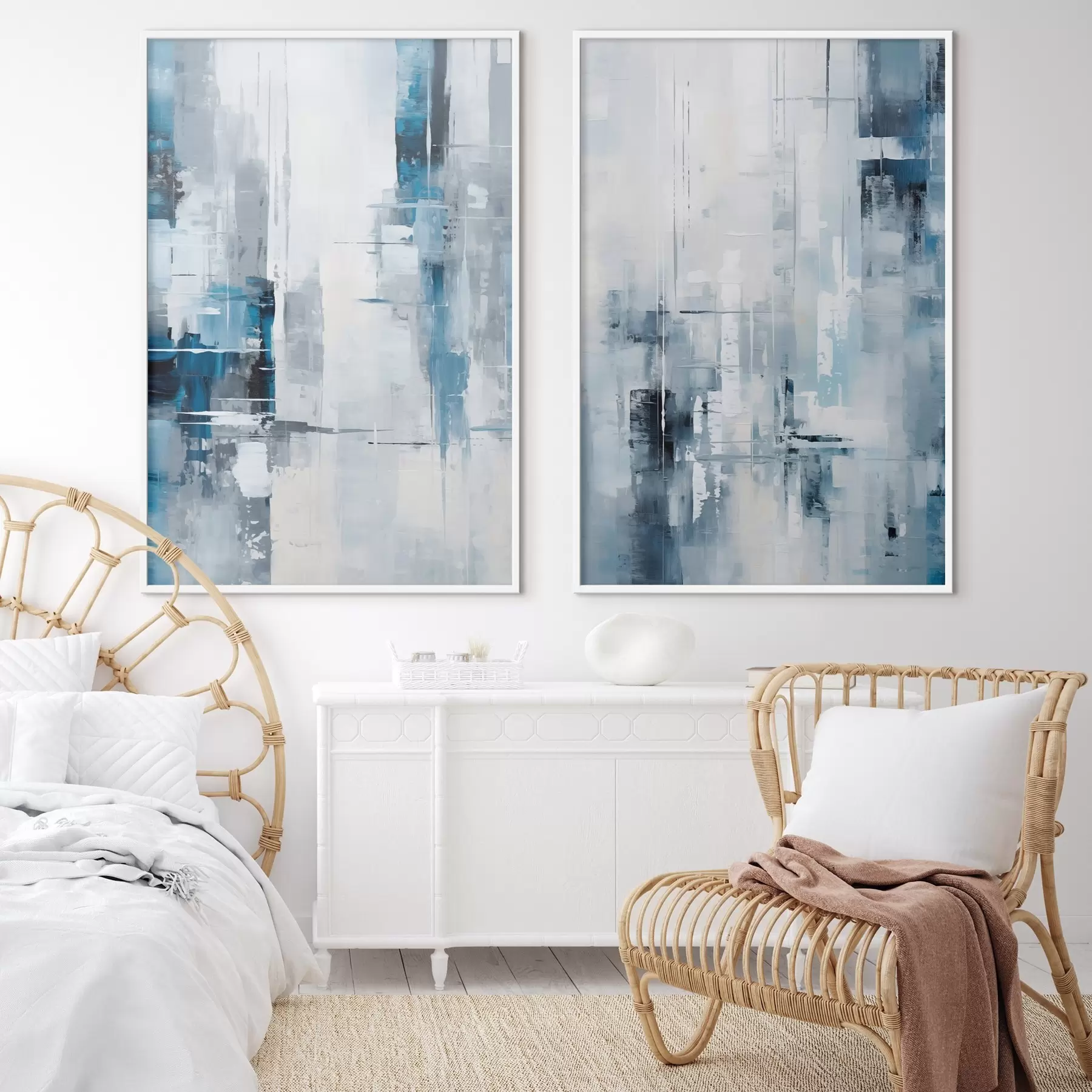 Fototapety Abstraktná maľba s modrou, šedou a bielou farbou, vertikálnymi čiarami a geometrickými tvarmi d00819