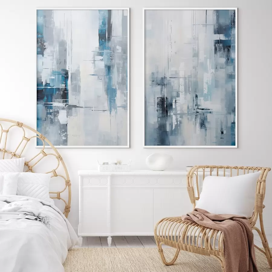 Fototapety Abstraktná maľba s modrou, šedou a bielou farbou, vertikálnymi čiarami a geometrickými tvarmi d00819