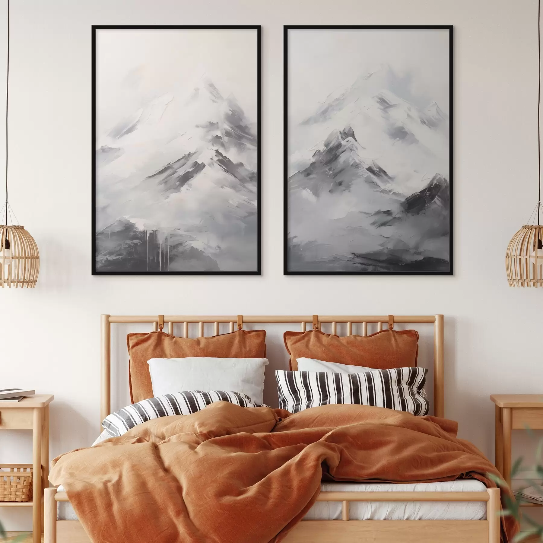 Fototapety Zasnežené horské vrcholy so sivými tieňmi, sivá obloha, ťahy štetcom, textúrované, minimalistické d00822